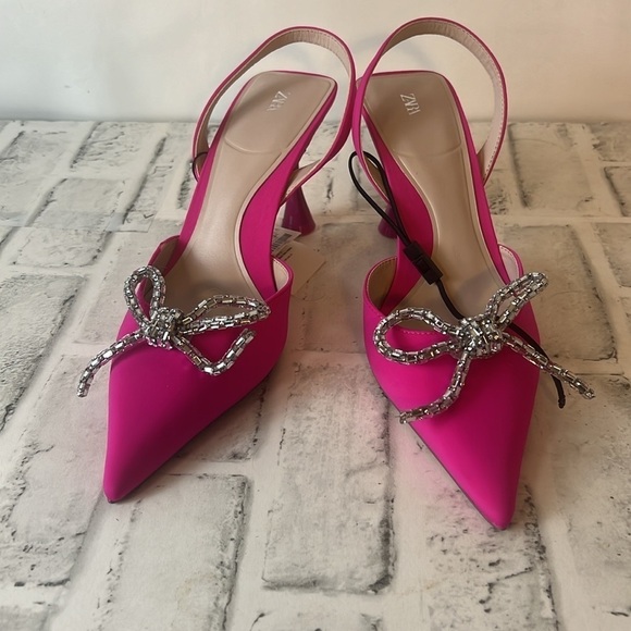 NWT Zara Embellished Bow Heeled Slingbacks - Picture 2 of 10